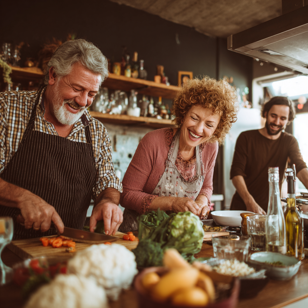 Hungarian family enjoying healthy meal together with varied nutritious foods
